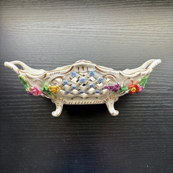 Antique Dresden Carl Thieme Signed Lattice Oval Bowl w/ Porcelain Flowers READ - Picture 2 of 12